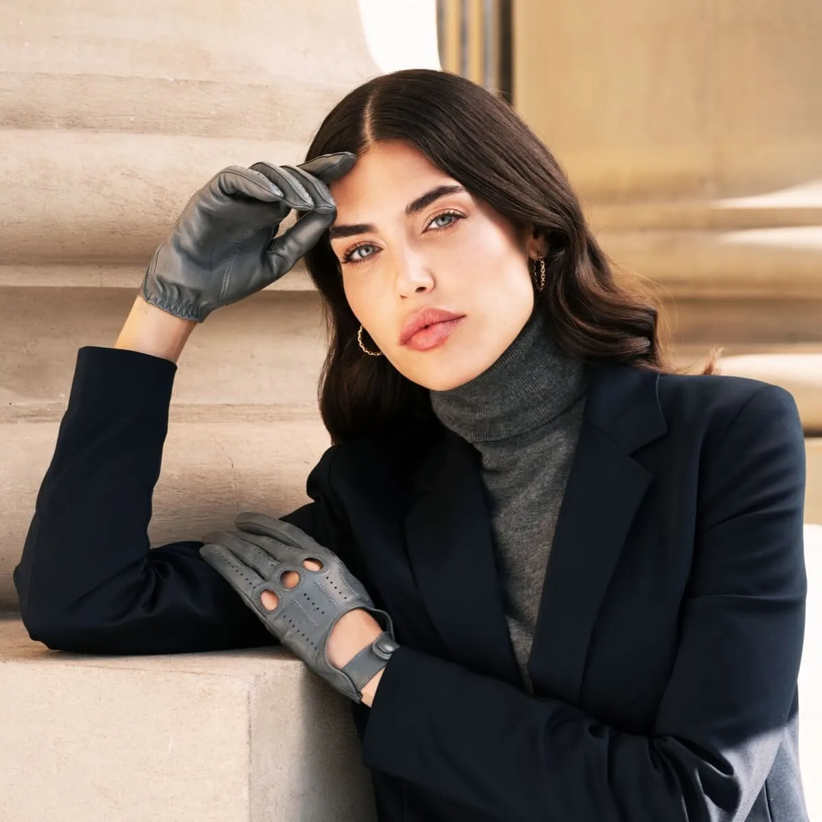 Alessa (grey) - classic Italian lambskin leather driving gloves