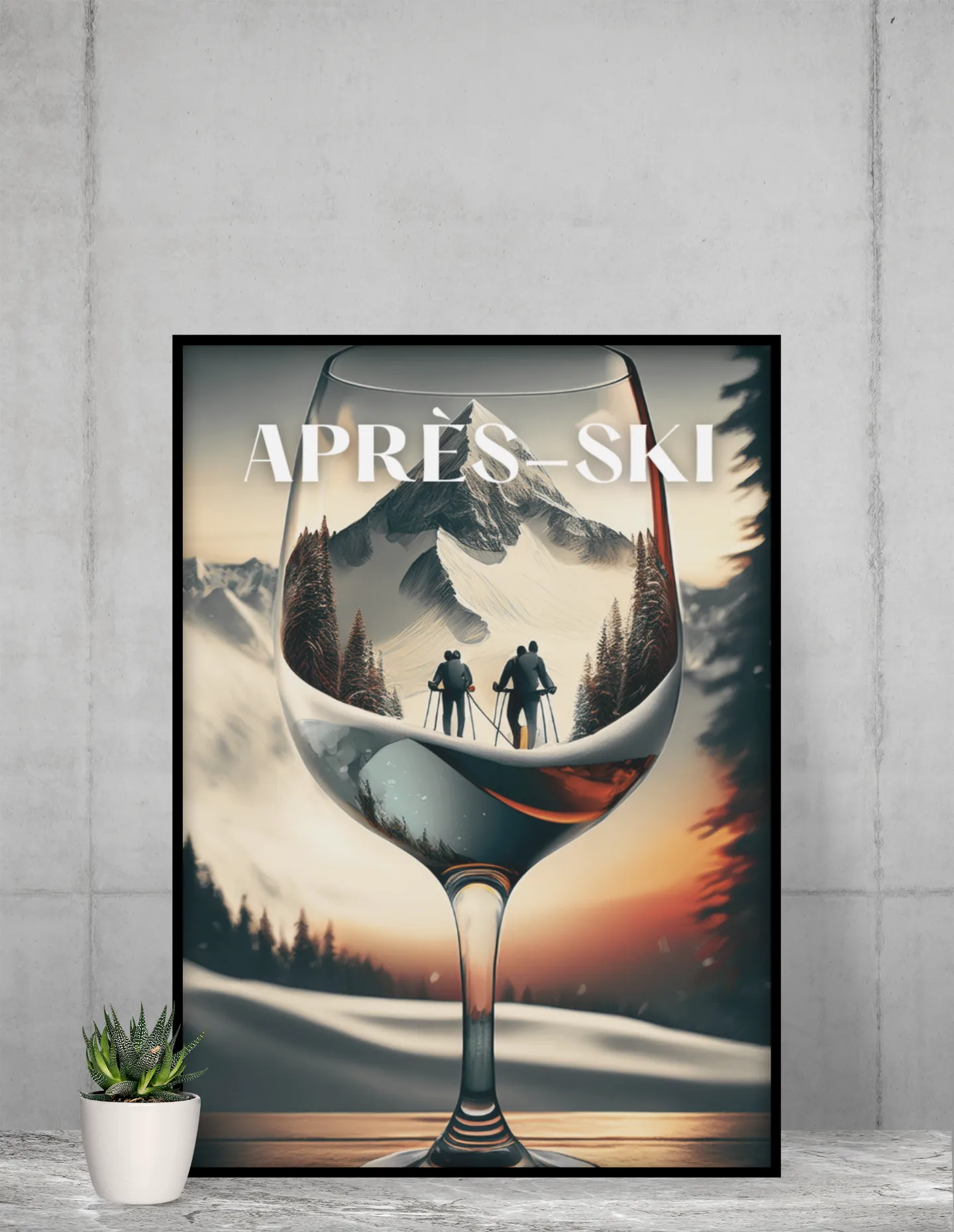 Après Ski Poster – Wine & Skier Design, Cabin and Ski Home Décor (With Frame)