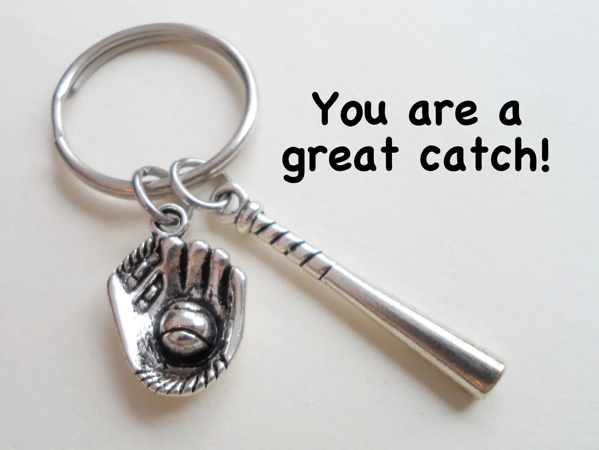 Baseball Bat and Mitt Keychain - You Are a Great Catch; Couples Keychain, Customization Options
