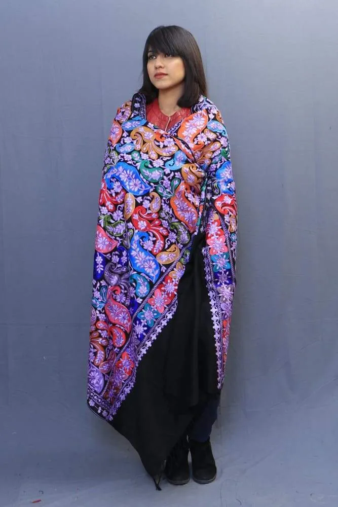 Black Colour Wrap With Richly Designed Aari Jaal And Highly Defined Borders.