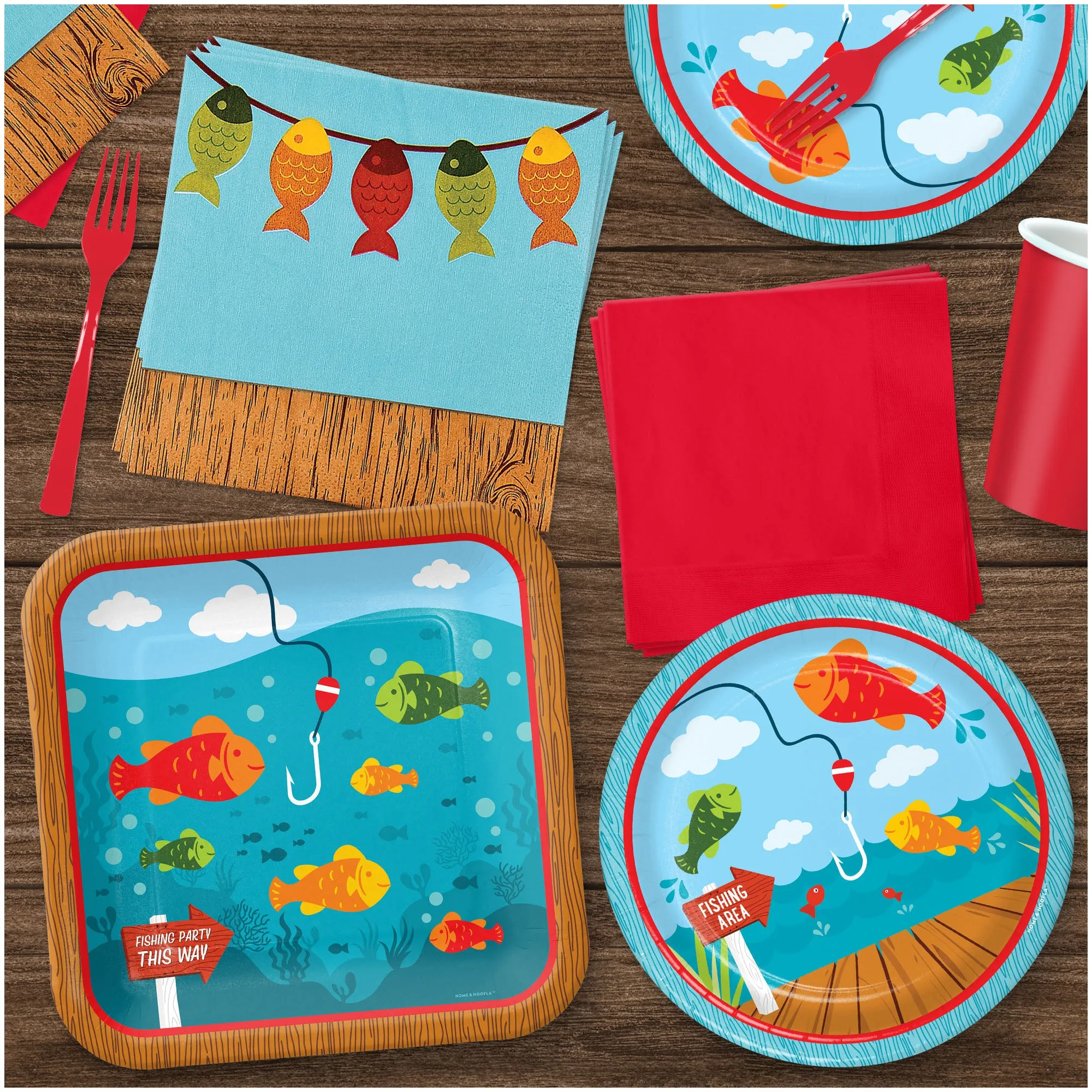 Fisherman Party Supplies - Mix of Square and Round Paper, Fish and Red Napkins (Serves 32)