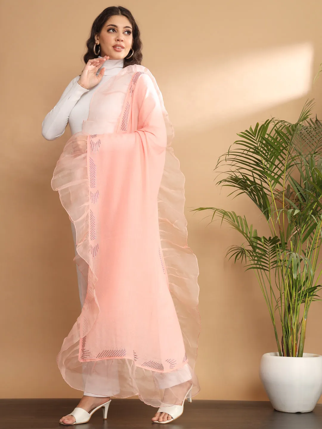 Pink Shawl with swarovski and organza ruffle border