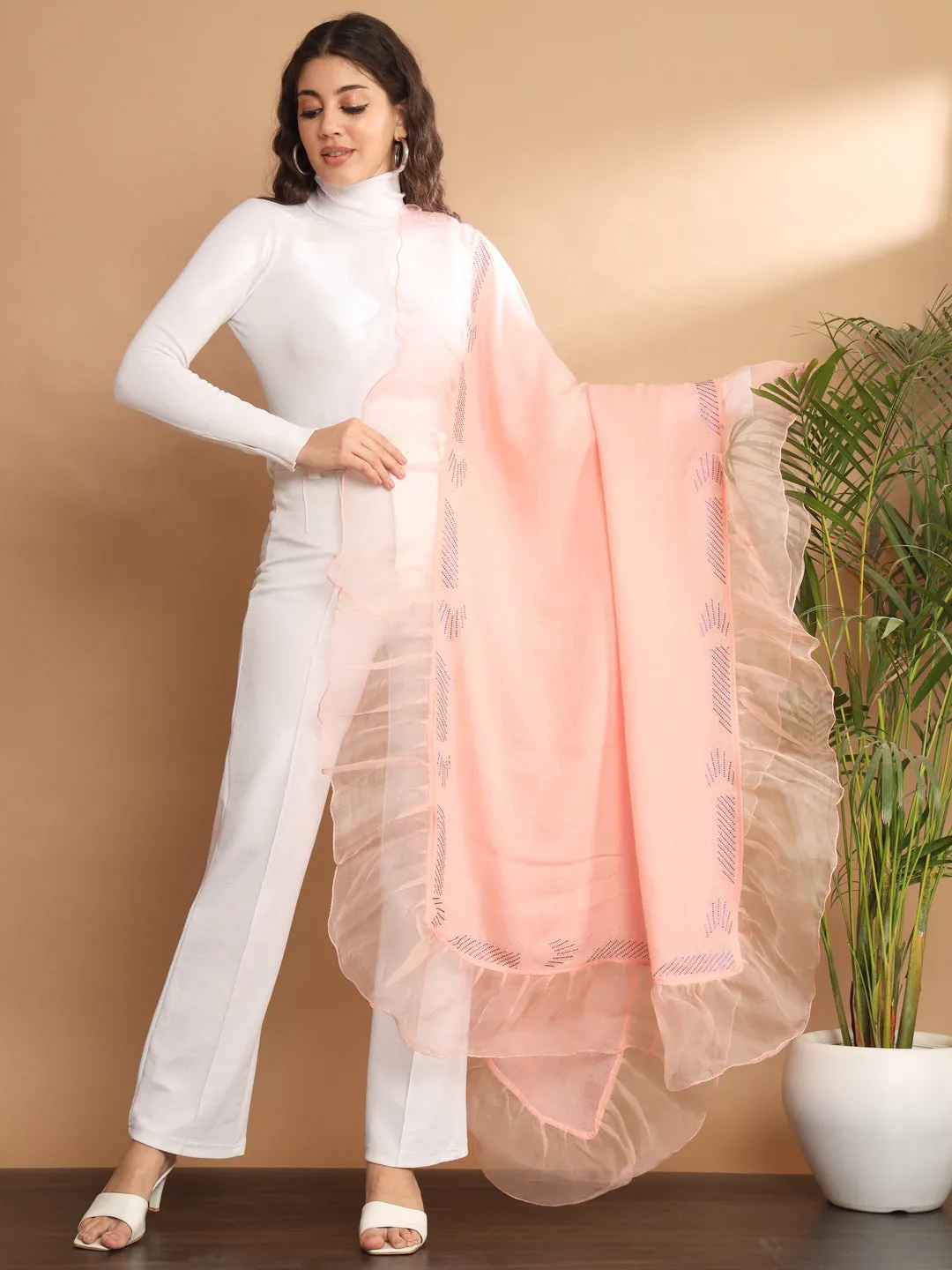 Pink Shawl with swarovski and organza ruffle border