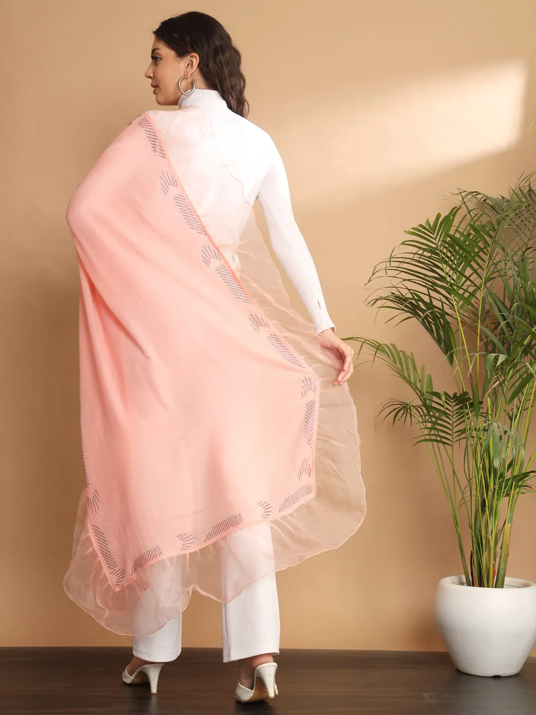 Pink Shawl with swarovski and organza ruffle border