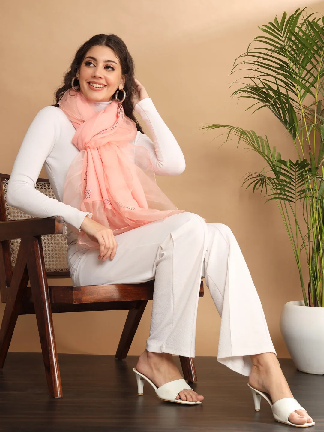 Pink Shawl with swarovski and organza ruffle border