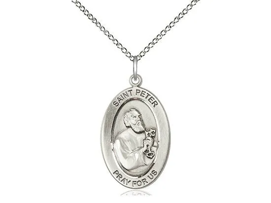 St. Peter the Apostle Sterling Silver Pendant on a 18 inch Sterling Silver Light Curb Chain.