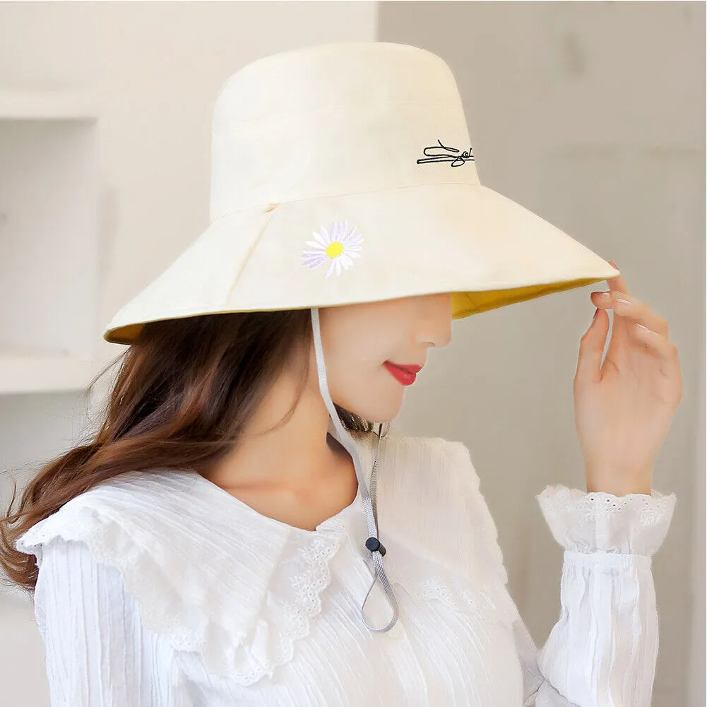 US Daisy Double-Sided UV Protection Wide Brim Bucket Hat Sun Beach Fisherman Cap
