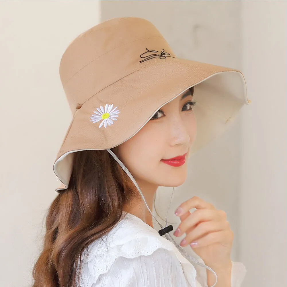 US Daisy Double-Sided UV Protection Wide Brim Bucket Hat Sun Beach Fisherman Cap