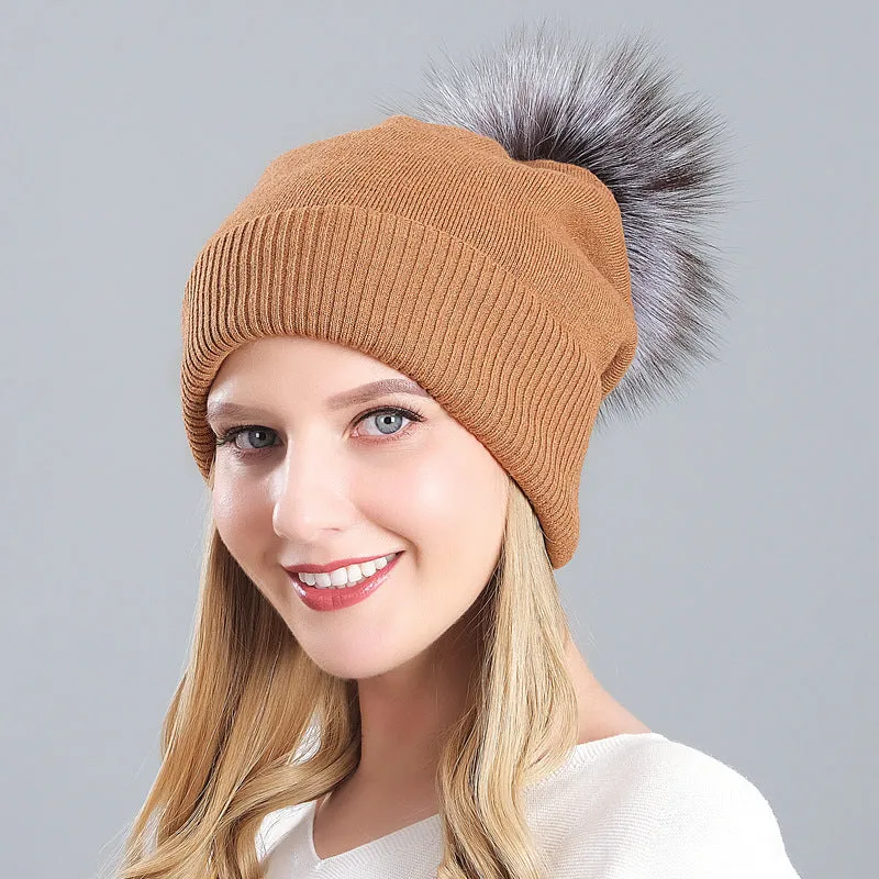 Women's autumn and winter warm double-layer thickened winter knitted fur hat women's wool ball wool hat