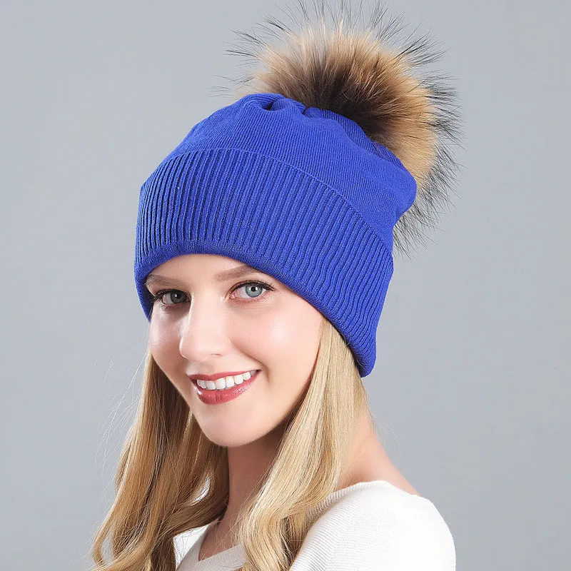 Women's autumn and winter warm double-layer thickened winter knitted fur hat women's wool ball wool hat