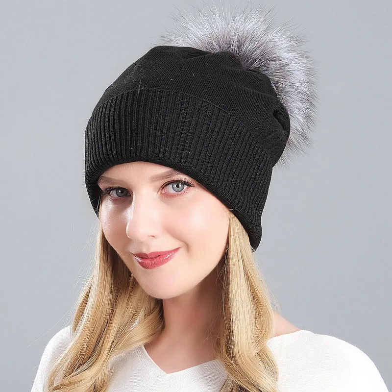 Women's autumn and winter warm double-layer thickened winter knitted fur hat women's wool ball wool hat