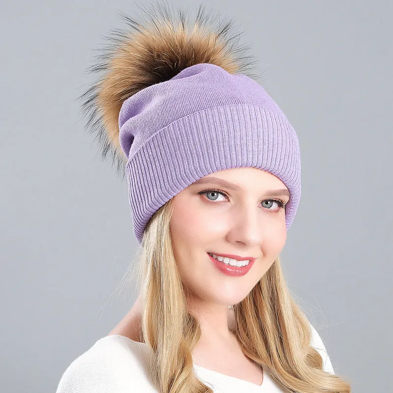 Women's autumn and winter warm double-layer thickened winter knitted fur hat women's wool ball wool hat