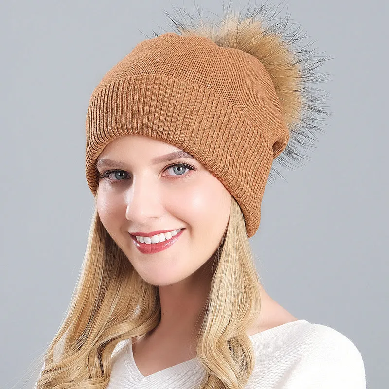 Women's autumn and winter warm double-layer thickened winter knitted fur hat women's wool ball wool hat