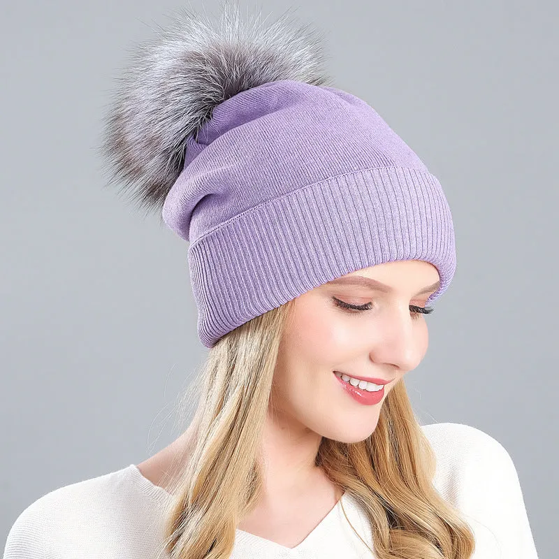 Women's autumn and winter warm double-layer thickened winter knitted fur hat women's wool ball wool hat
