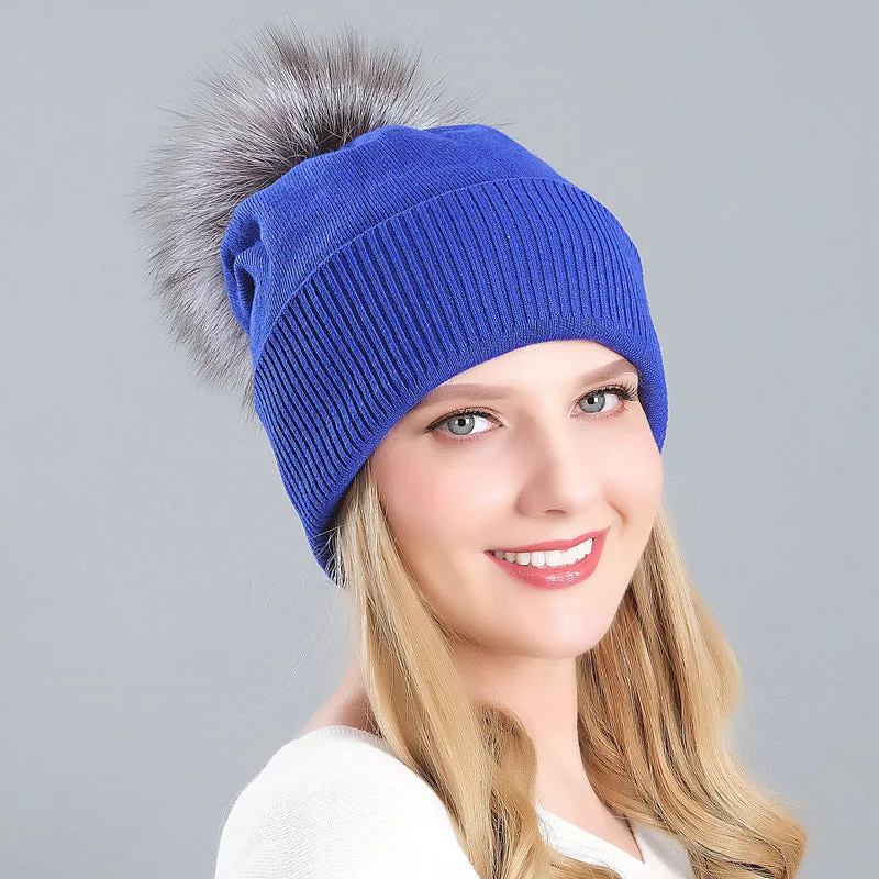 Women's autumn and winter warm double-layer thickened winter knitted fur hat women's wool ball wool hat